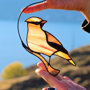 Stained glass Cedar Waxwing suncatcher, Stained glass Bird decor, Stain Glass, Stained glass window hanging