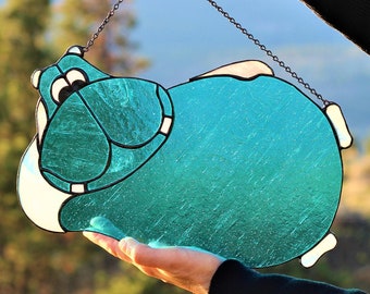 Hippo window panel, Stained Glass Hippo, Hippo Suncatcher, Kids playroom decor, Kids Wall Art