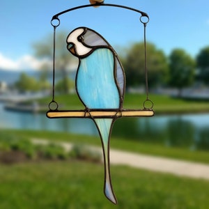 Budgie Stained Glass, Budgerigar Suncatcher on a swing, Custom Window Hanging, Mothers Day Gift, Parrot Art, Pet Memorial image 1