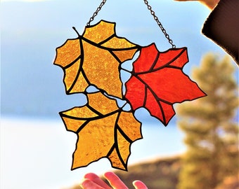 Stained glass Maple Leaf suncatcher, Stained glass Yellow and Red Leaf decor, Stained glass window hanging, Canada Leaf decor