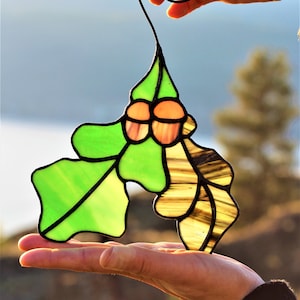 Stained glass Oak Leaf Suncatcher, Stained glass Leaf window decor, Stained glass window hanging image 1