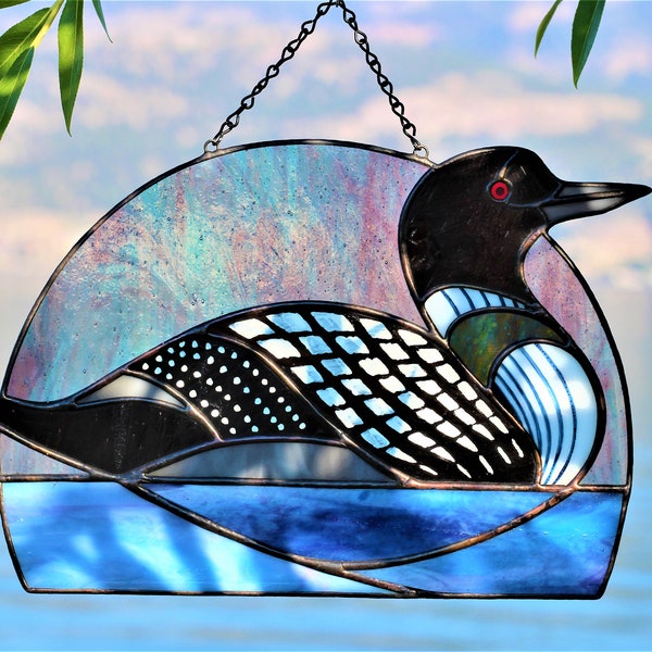 Loon Stained glass Suncatcher, Pacific Loons, Premium Window hanging, Pacific Divers, Stained Glass Art, Mothers Day Gift