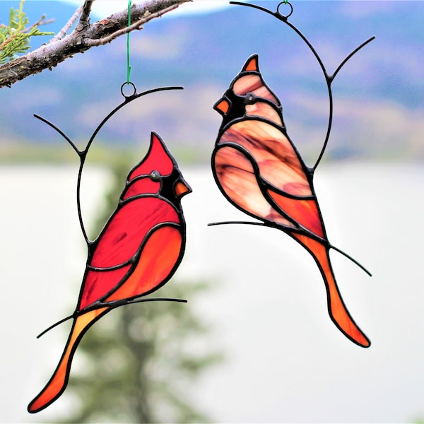 Pair of Cardinals Stained Glass, Cardinal Suncatcher, Window Hanging, Stained Glass Window, Mothers Day gifts