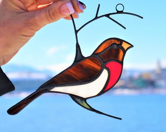 Rose-Breasted Grosbeak Suncatcher, Stained glass Grosbeak, Window hanging