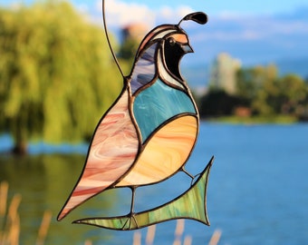 California Quail Suncatcher, Custom Stained Glass Quail, Premium Window Hanging, Mothers Day Gifts