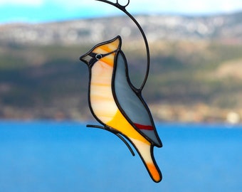 Cedar Waxwing stained glass, Waxwing suncatcher, Window hanging, Mothers day Gift