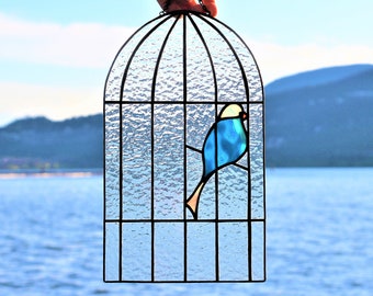Stained glass Panel, Bluebird Suncatcher, Window hanging, Bird Garden decor