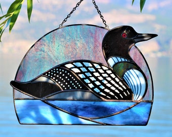 Loon Stained glass Suncatcher, Pacific Loons, Premium Window hanging, Pacific Divers, Stained Glass Art, Mothers Day Gift