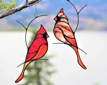 Pair of Cardinals Stained Glass, Cardinal Suncatcher, Window Hanging, Stained Glass Window, Mothers Day gifts