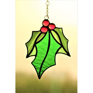 Holly Berry Suncatcher, Stained Glass Christmas Holly Berries, Tree Ornament, Christmas Gift Decor