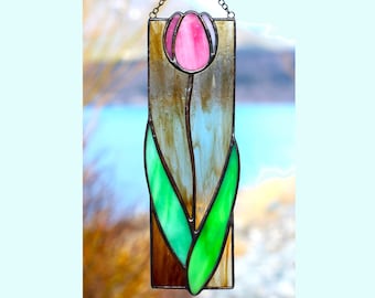 Tulip Stained Glass, Tulip Pink Flower Suncatcher, Window Hanging, Mothers Day Gift