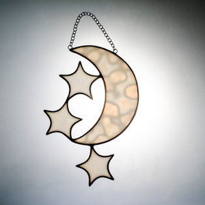 Crescent Moon Suncatcher, Stained Glass Moon Decor, Moon and Stars Ornament, Gift for Mom