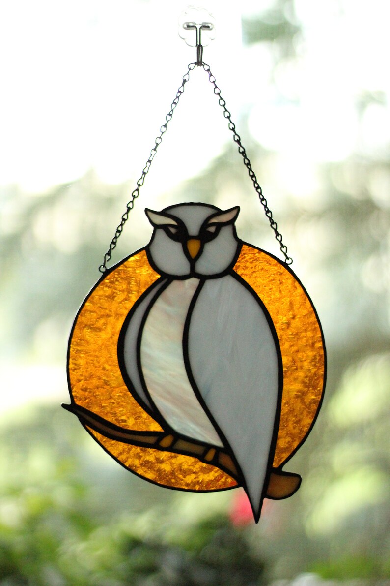 Stained glass Owl suncatcher, Stained glass Bird decor, Stained glass window hanging zdjęcie 6