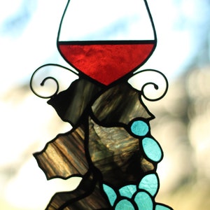 Wine Glass suncatcher, Stained glass Grapes, Stained glass window hanging, Wine Glasses Decoration image 5