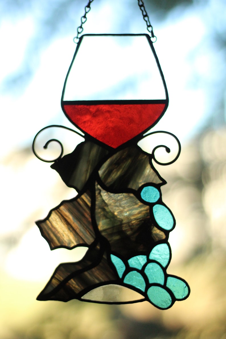 Wine Glass suncatcher, Stained glass Grapes, Stained glass window hanging, Wine Glasses Decoration image 5