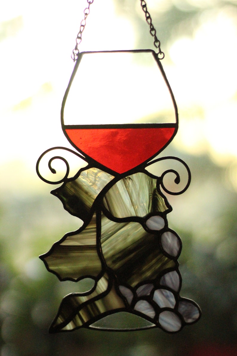 Wine Glass suncatcher, Stained glass Grapes, Stained glass window hanging, Wine Glasses Decoration image 10