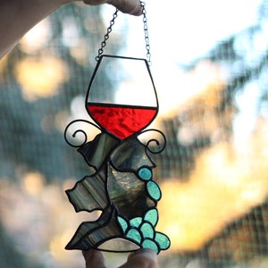 Wine Glass suncatcher, Stained glass Grapes, Stained glass window hanging, Wine Glasses Decoration image 4