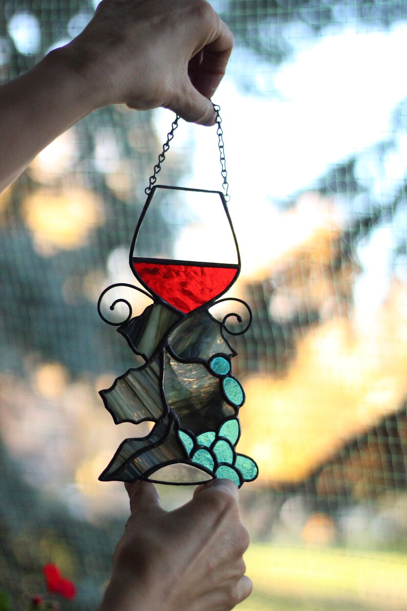 Wine Glass suncatcher, Stained glass Grapes, Stained glass window hanging, Wine Glasses Decoration image 4