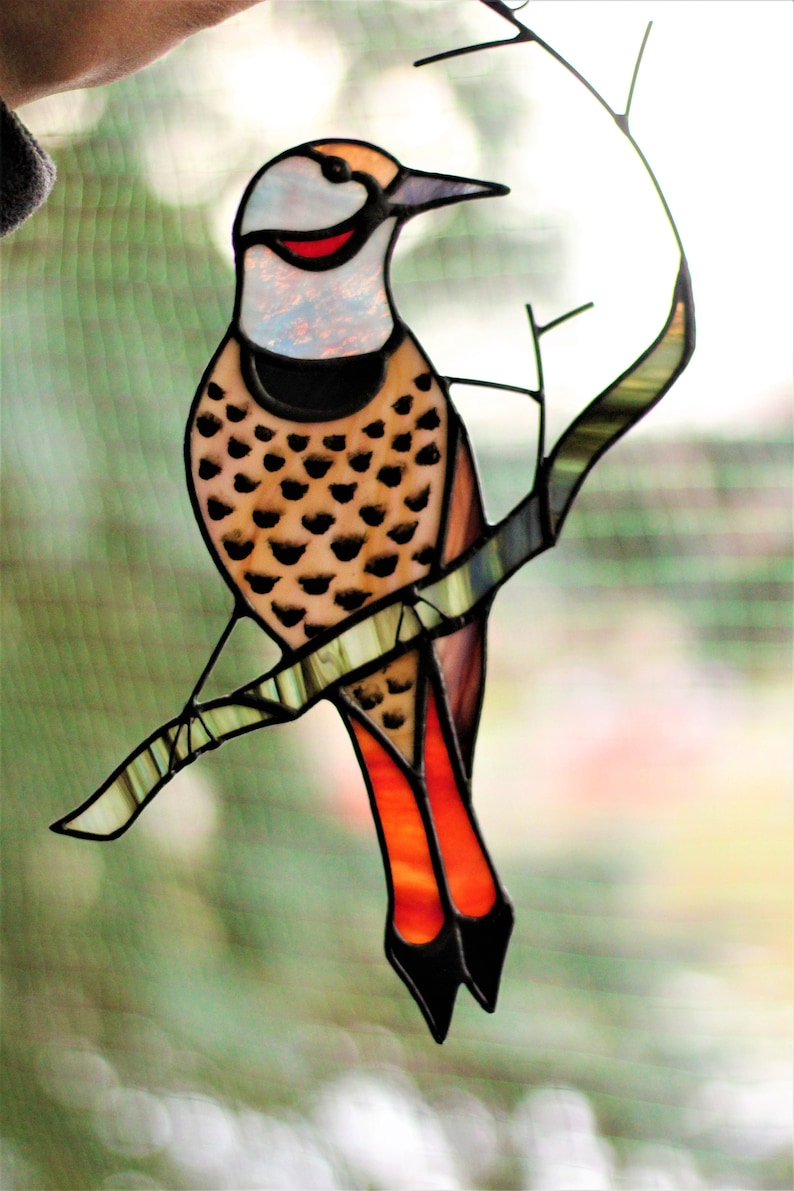Woodpecker Stained Glass Suncatcher Northern Flicker Mothers Etsy