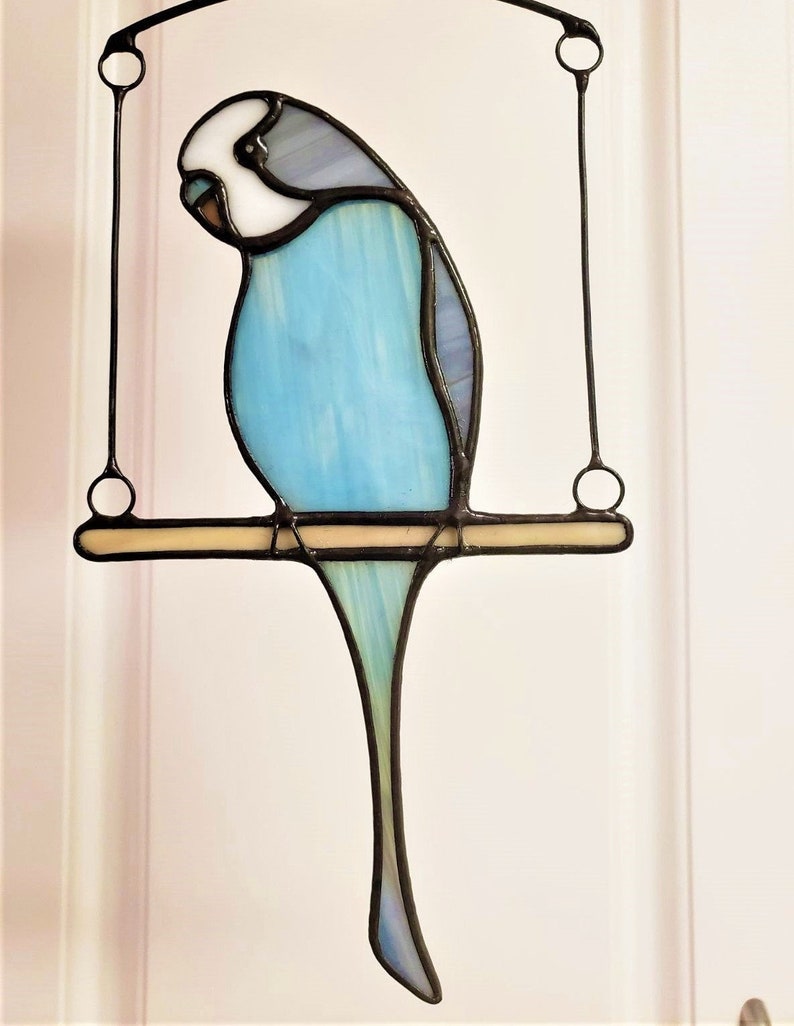 Budgie Stained Glass, Budgerigar Suncatcher on a swing, Custom Window Hanging, Mothers Day Gift, Parrot Art, Pet Memorial image 3