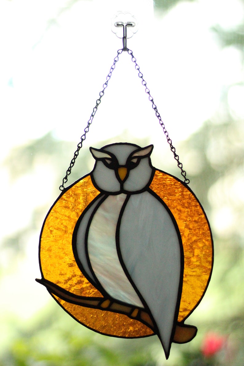 Stained glass Owl suncatcher, Stained glass Bird decor, Stained glass window hanging zdjęcie 1