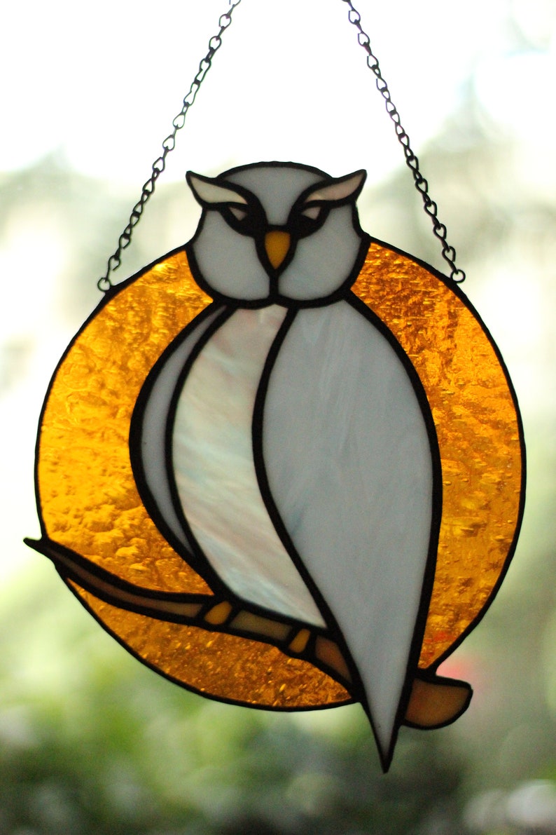 Stained glass Owl suncatcher, Stained glass Bird decor, Stained glass window hanging zdjęcie 5