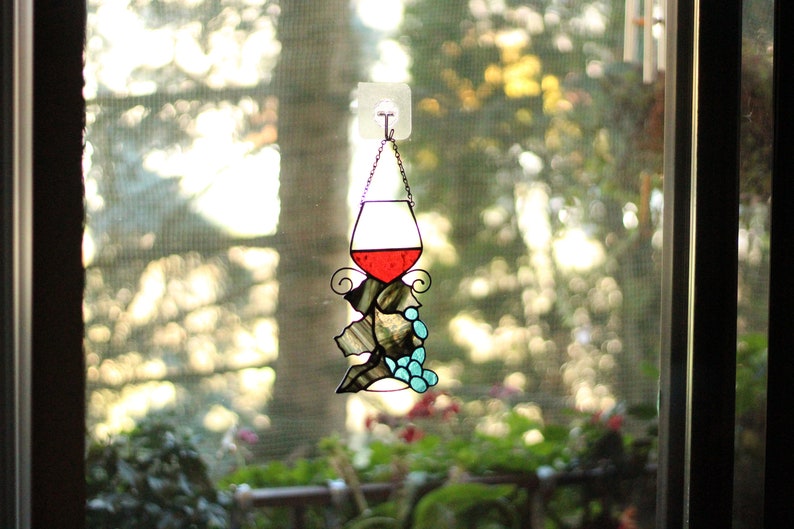 Wine Glass suncatcher, Stained glass Grapes, Stained glass window hanging, Wine Glasses Decoration image 8