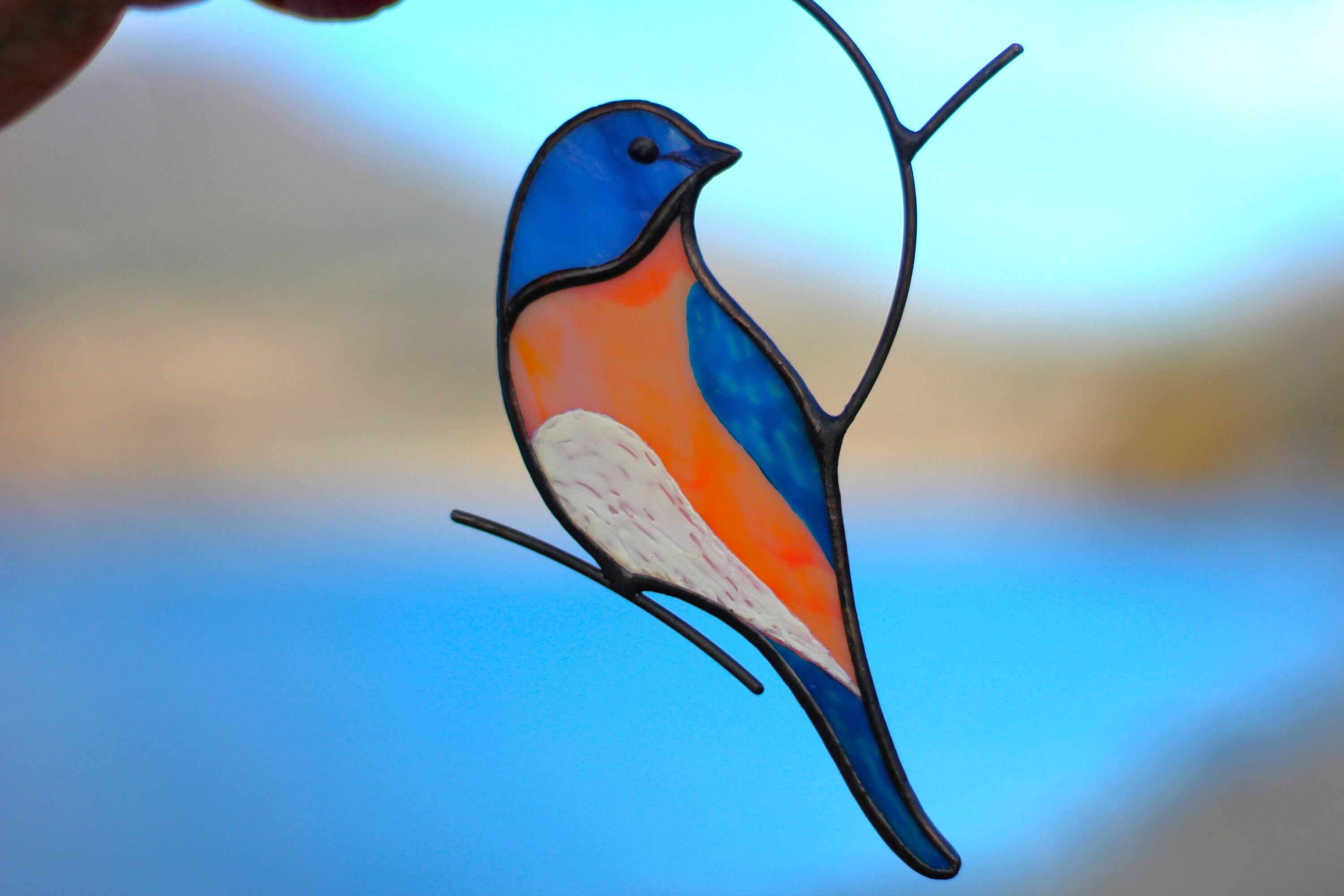 青い鳥のステンドグラス、青い鳥のサンキャッチャー、窓飾り