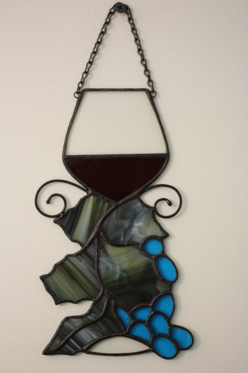 Wine Glass suncatcher, Stained glass Grapes, Stained glass window hanging, Wine Glasses Decoration image 9