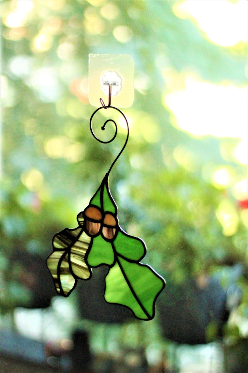 Stained glass Oak Leaf Suncatcher, Stained glass Leaf window decor, Stained glass window hanging image 2