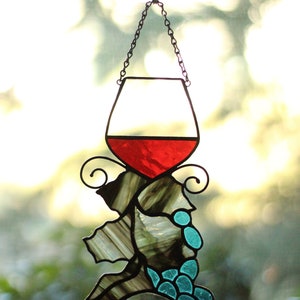 Wine Glass suncatcher, Stained glass Grapes, Stained glass window hanging, Wine Glasses Decoration image 3