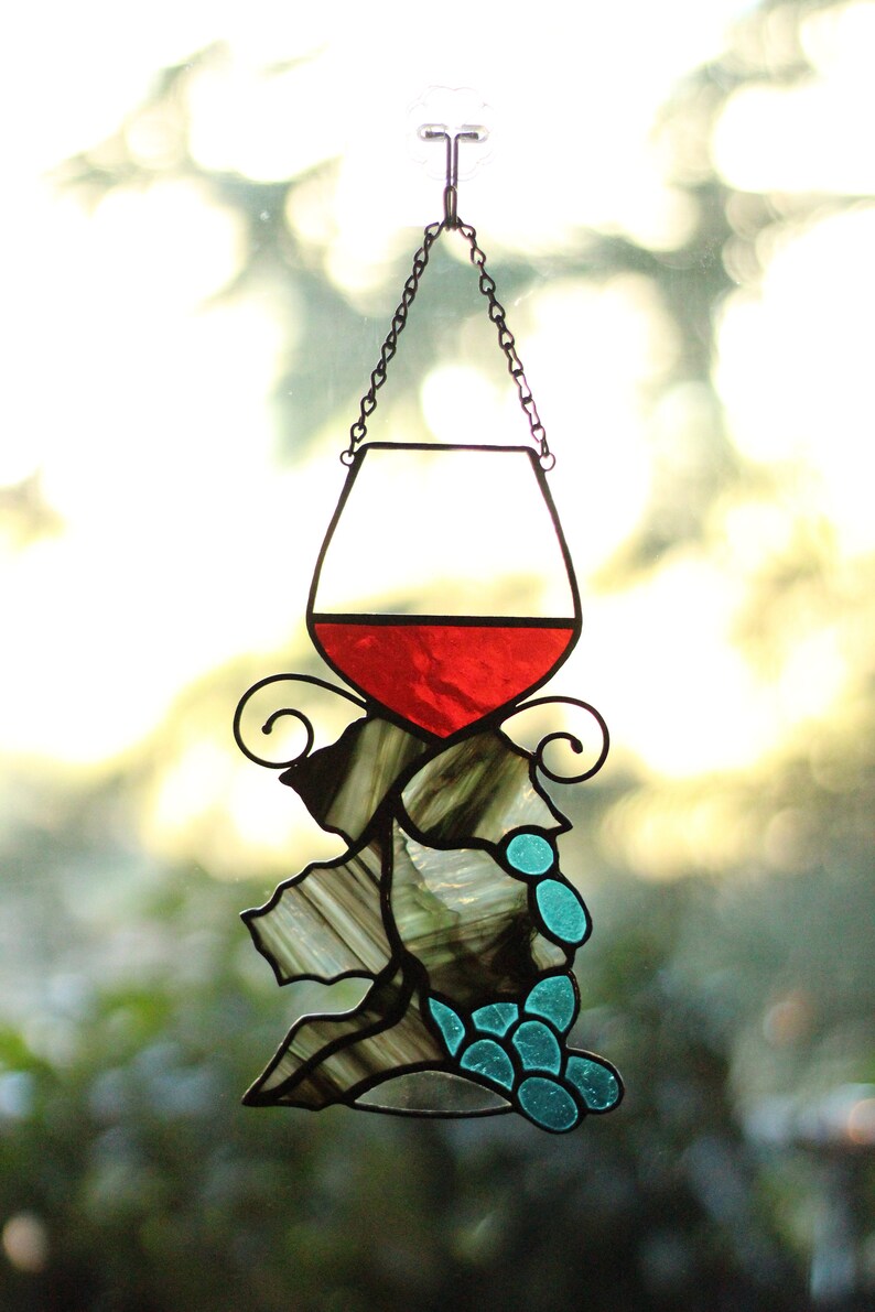 Wine Glass suncatcher, Stained glass Grapes, Stained glass window hanging, Wine Glasses Decoration image 3