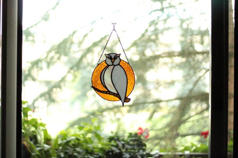 Stained glass Owl suncatcher, Stained glass Bird decor, Stained glass window hanging zdjęcie 7