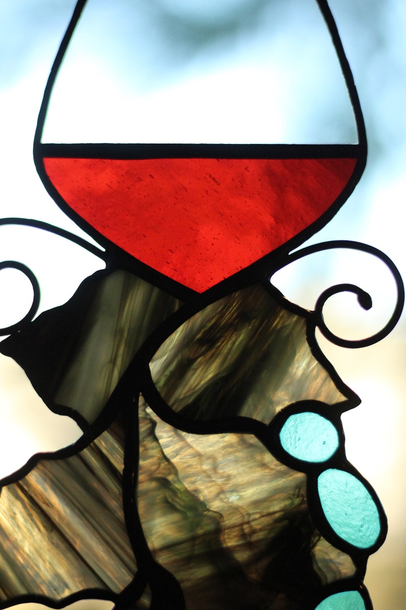 Wine Glass suncatcher, Stained glass Grapes, Stained glass window hanging, Wine Glasses Decoration image 7