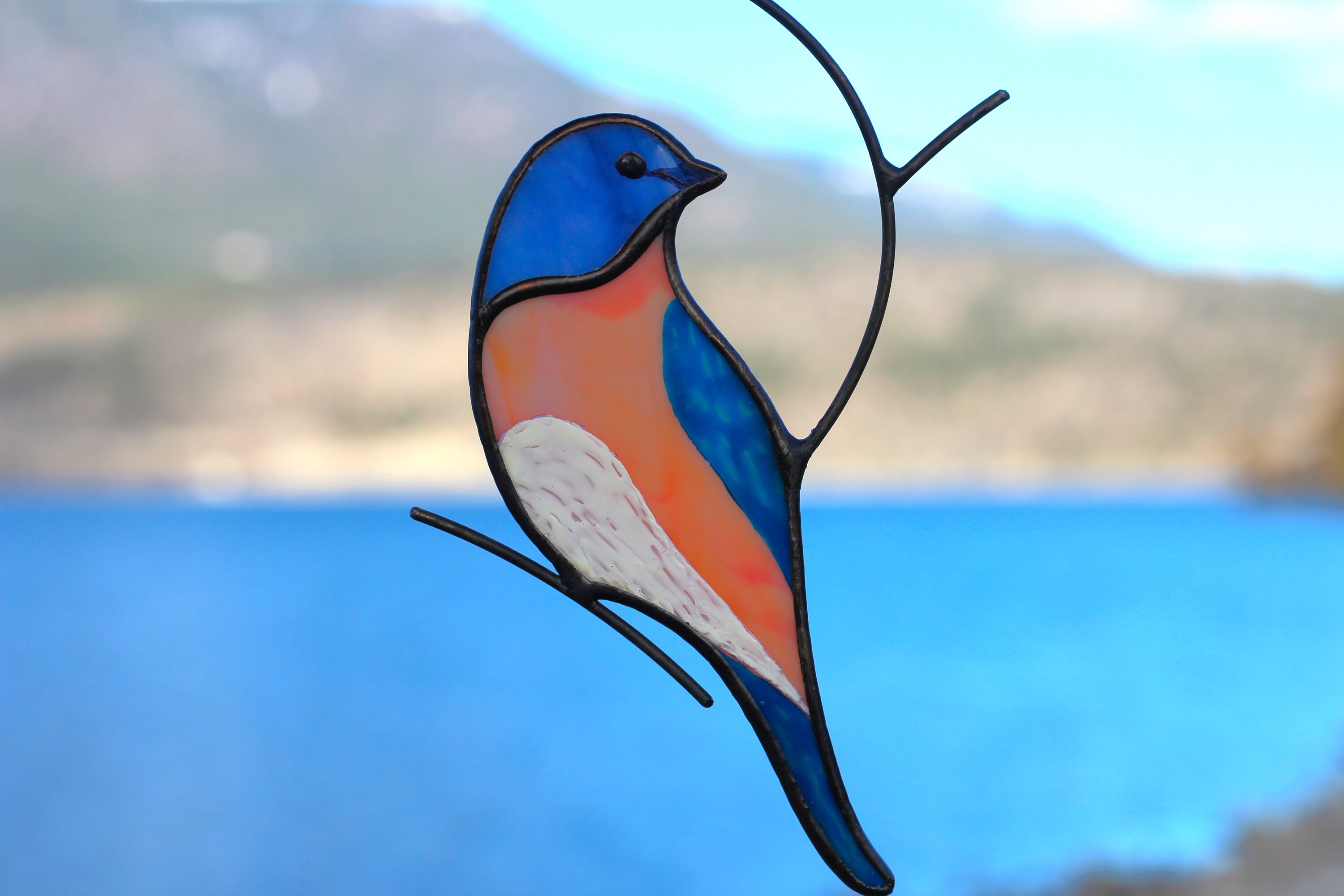 青い鳥のステンドグラス、青い鳥のサンキャッチャー、窓飾り