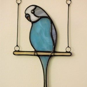 Budgie Stained Glass, Budgerigar Suncatcher on a swing, Custom Window Hanging, Mothers Day Gift, Parrot Art, Pet Memorial image 2