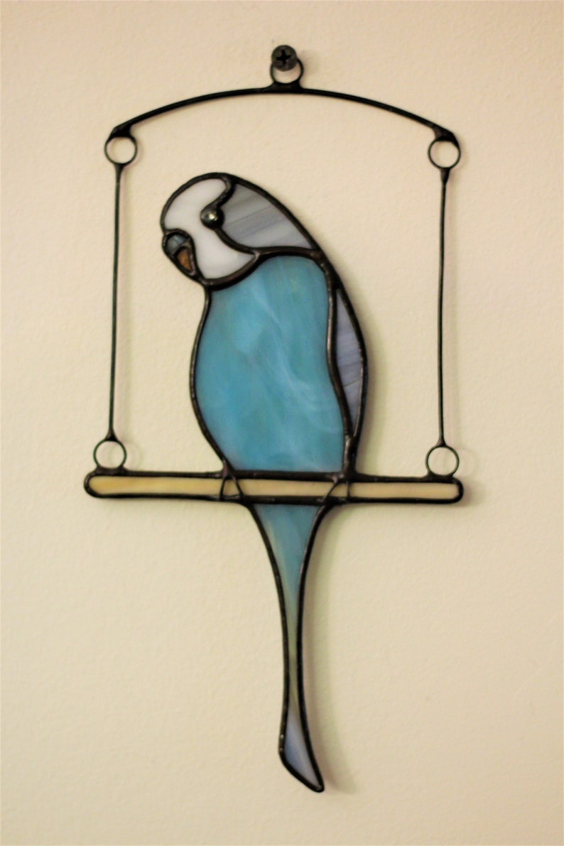 Budgie Stained Glass, Budgerigar Suncatcher on a swing, Custom Window Hanging, Mothers Day Gift, Parrot Art, Pet Memorial image 2