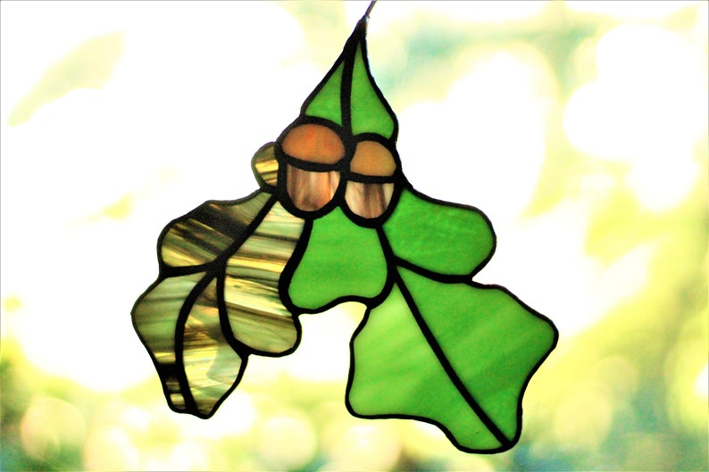 Stained glass Oak Leaf Suncatcher, Stained glass Leaf window decor, Stained glass window hanging image 3