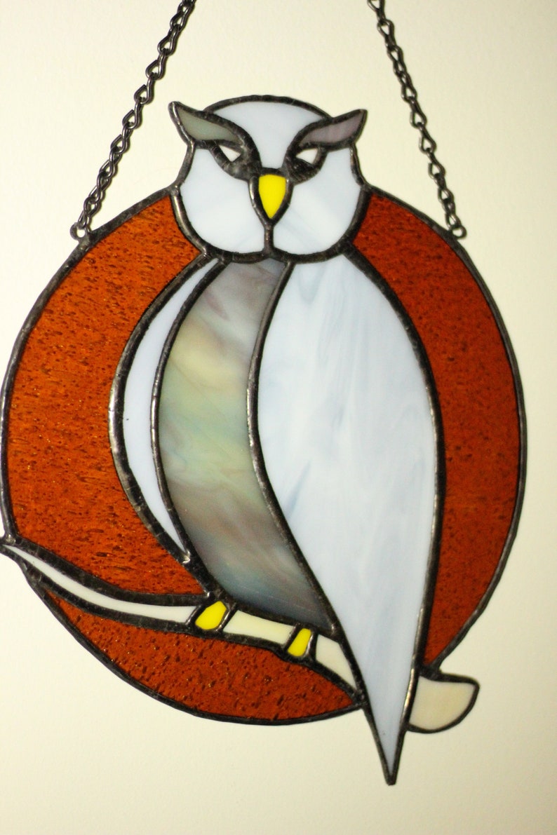 Stained glass Owl suncatcher, Stained glass Bird decor, Stained glass window hanging zdjęcie 9