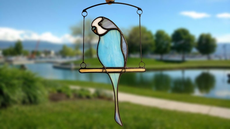 Budgie Stained Glass, Budgerigar Suncatcher on a swing, Custom Window Hanging, Mothers Day Gift, Parrot Art, Pet Memorial image 1