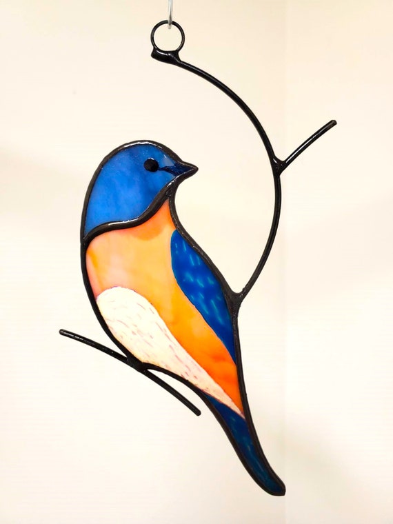 ステンドグラス　青い鳥とブドウのサンキャッチャー ステンドグラス青い鳥の羽サンキャッチャー窓吊り - ショップ