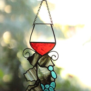 Wine Glass suncatcher, Stained glass Grapes, Stained glass window hanging, Wine Glasses Decoration image 2