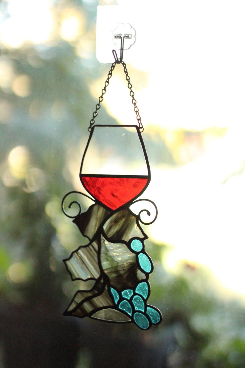 Wine Glass suncatcher, Stained glass Grapes, Stained glass window hanging, Wine Glasses Decoration image 2