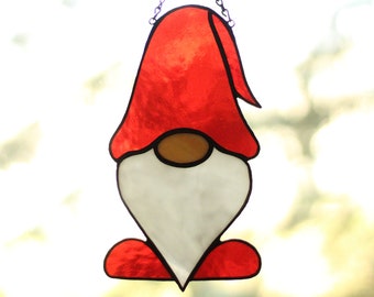Stained Glass Christmas Gnome Suncatcher, Holiday Decor