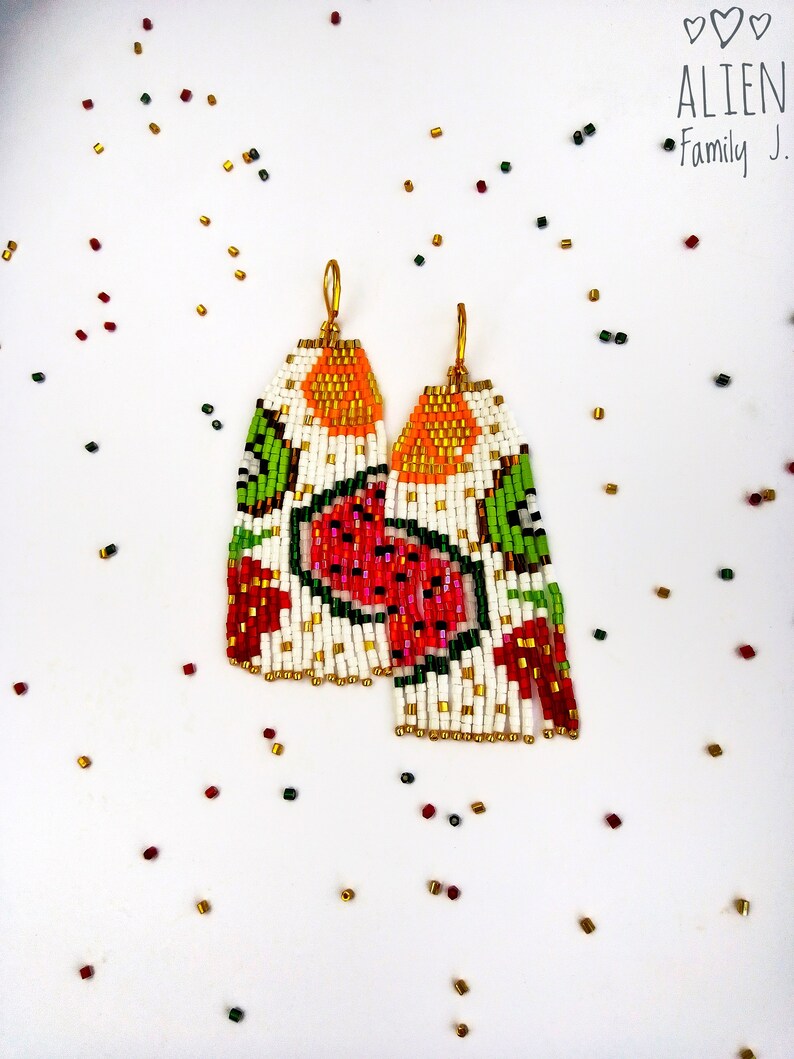 Fruit Sead Bead Earrings Multicolor Beaded Earrings Long Etsy