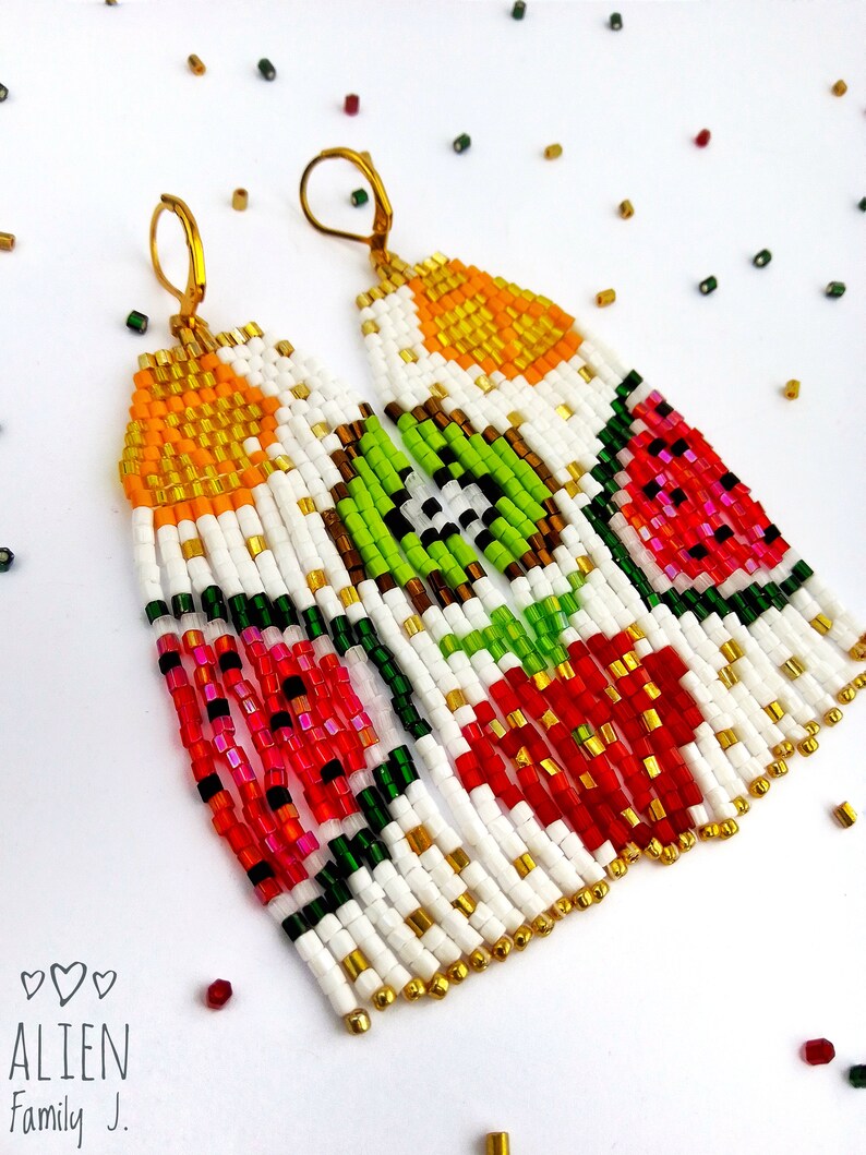 Fruit Sead Bead Earrings Multicolor Beaded Earrings Long Etsy