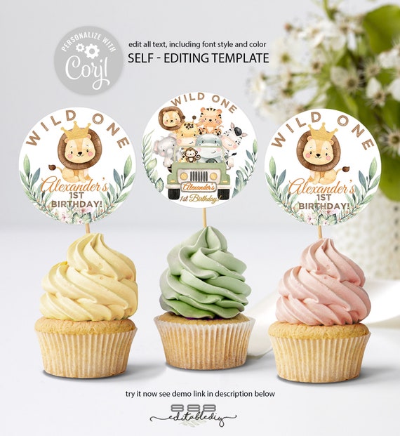 Jungle animals Party Decorations Wild One Cupcake toppers Instant download Printable Digital POD EDITABLE Safari Birthday Cupcake Toppers