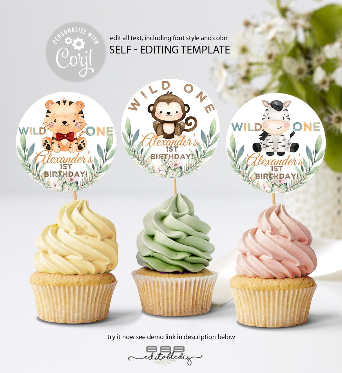 Editable Cupcake toppers Template Wild One Jungle Safari Etsy
