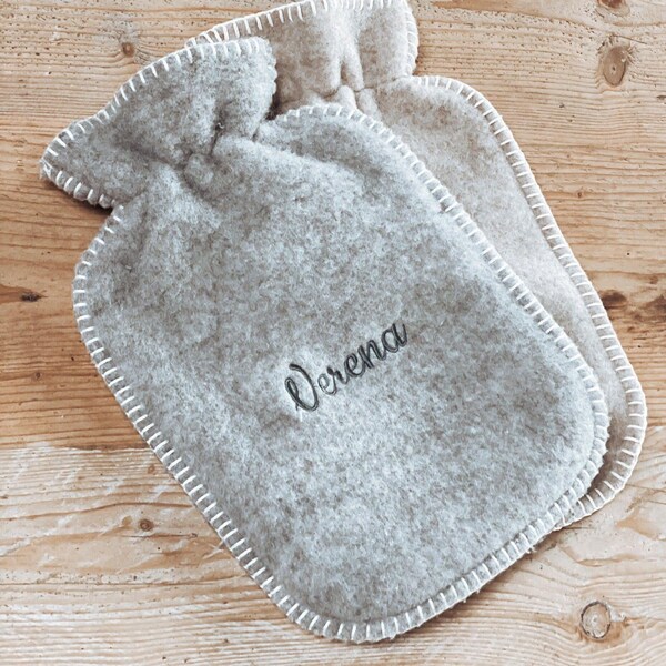 Personalized hot water bottle cover with name gray and beige embroidered cover for 2L hot water bottle - cuddly made from 100% new wool