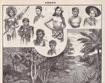 french vintage , Tahiti, décoration ,gravure  originale provenant du nouveau Larousse illustré français ,Paul auge 1915